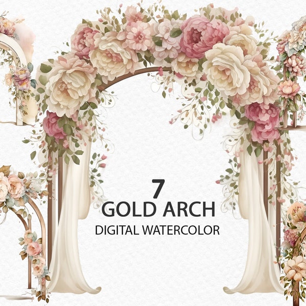 Watercolor golden wedding flower arch, wedding ceremony, golden arch. PNG clipart