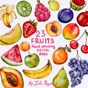 Tropical Watercolor Fruit Clipart – 23 Hand-Painted PNG Elements – Summer Digital Download