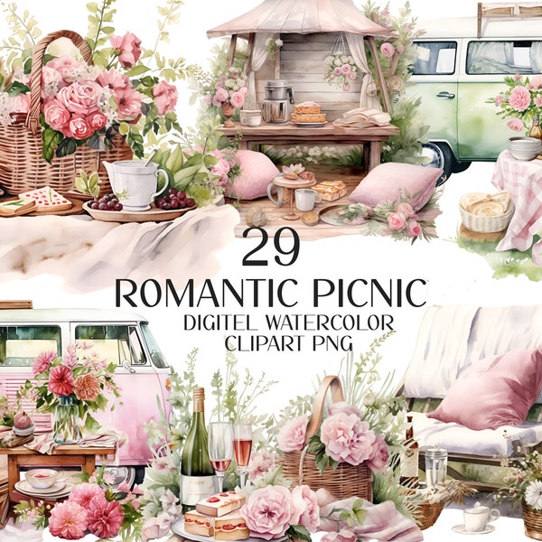 Watercolor clipart, romantic picnic, picnic in nature, boho picnic clipart png