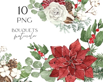 Op de afbeelding: Een set van 10 aquarelboeketten met verschillende winterbloemen, waaronder rode kerststerren, witte katoen en groene eucalyptusbladeren. De boeketten zijn perfect om een vleugje winterse charme toe te voegen aan je kerstdecoratie.