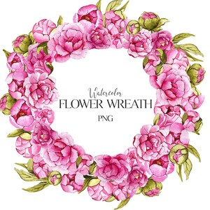 Watercolor floral wreath with pink peonies. Digital clipart PNG