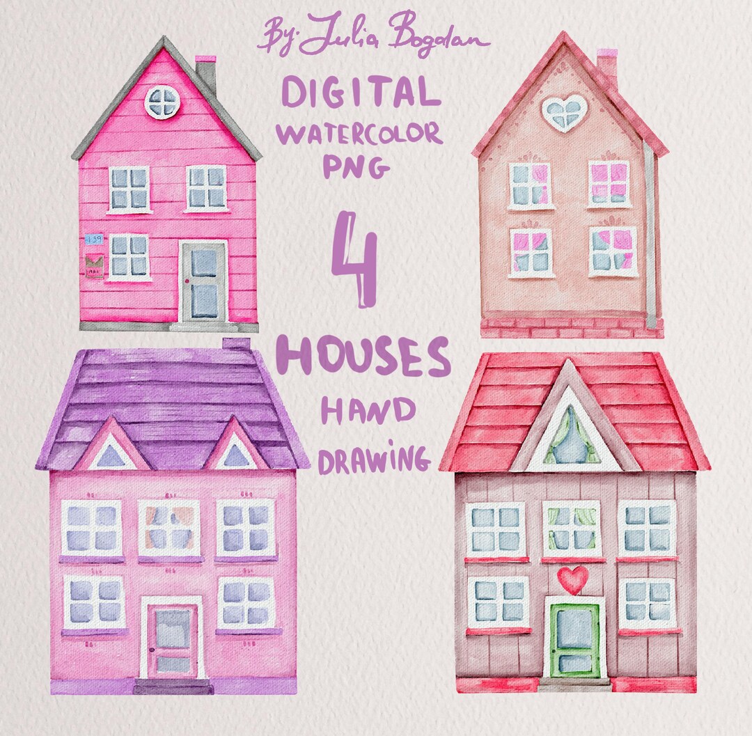 Houses Watercolor Clipart Hand Drawing Png, Pink House Digital - Etsy