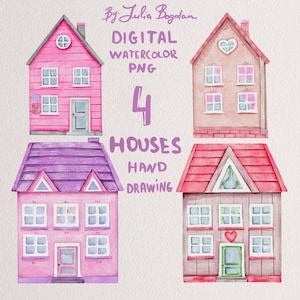 Houses watercolor clipart hand drawing png, pink house digital