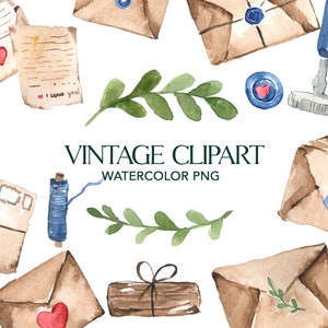 Watercolor letters clipart. Vintage letters, stamps, love messages png