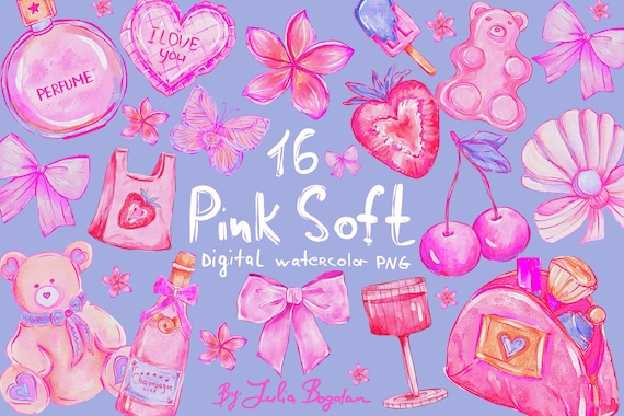 Watercolor clipart pink set, bow, cherry, heart. Romantic trendy clipart hand drawing png, valentine's day