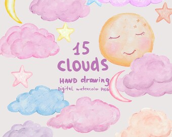 Clouds watercolor clipart png, delicate pink clouds month moon stars digital png