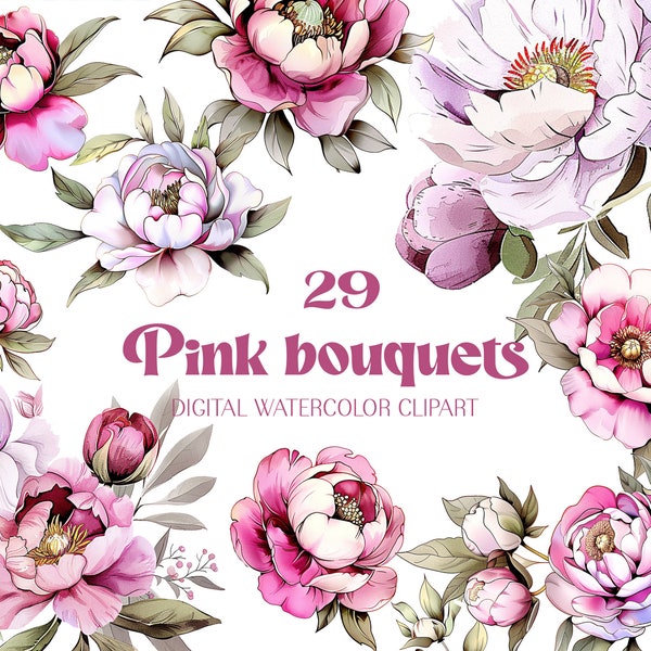 Watercolor clipart, pink set of peony flower bouquets, peony bud clipart png, pink peony flowers png