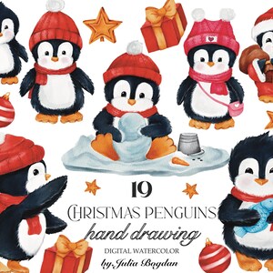Watercolor clipart penguins winter, cute penguins hand drawing, christmas clipart, penguins png