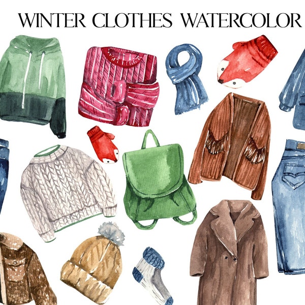 winter clothes watercolor wintertime clothes, sweaters Clipart digital PNG