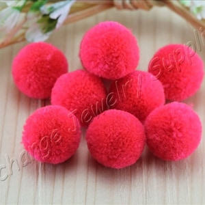 Guarnição de pompom artesanal rosa neon, pompons feitos à mão de algodão redondo bola de 15 mm com anel de salto 10 peças / CPM-03