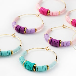 Heishi Beaded Gold Hoop Earrings, Gold Accent Colorful Heishi Earrings, Bohemian Beaded Earrings / Please ask for wholesale prices / HBE607