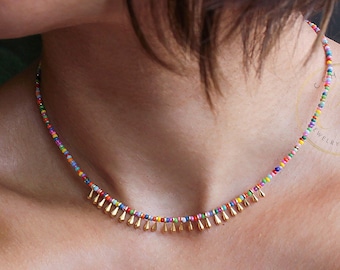 Dainty Seed Bead Necklace, Gold Drop Choker | SBN-20