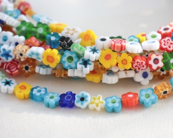 8mm Flower Murano Style Glass Bead, Flat Flower Shape Millefiori Beads / GBFM-9