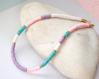 Pastel Colours Heishi Surfer Necklace, Gold Accent Heishi Disc Bead Necklace, Bohemian Beaded Necklace / Please ask for wholesale details
