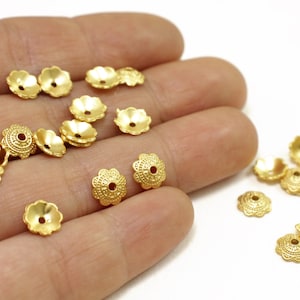 Gold Plated Bead Caps, 7mm Metal Round Bead End Caps 15 pcs / GPY-494