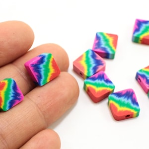 Rainbow Polymer Clay Beads, 10mm Square Shape Fimo Beads 25 pcs / FP-46