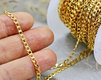 Gold Plated Curb Chain, 3mm Soldered Brass Jewelry Chain, 0.5mm Thick Chain 1 Meter / CHN-G01