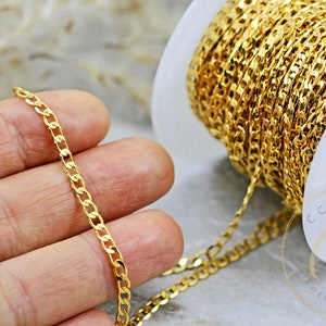 Gold Plated Curb Chain, 3mm Soldered Brass Jewelry Chain, 0.5mm Thick Chain 1 Meter / CHN-G01