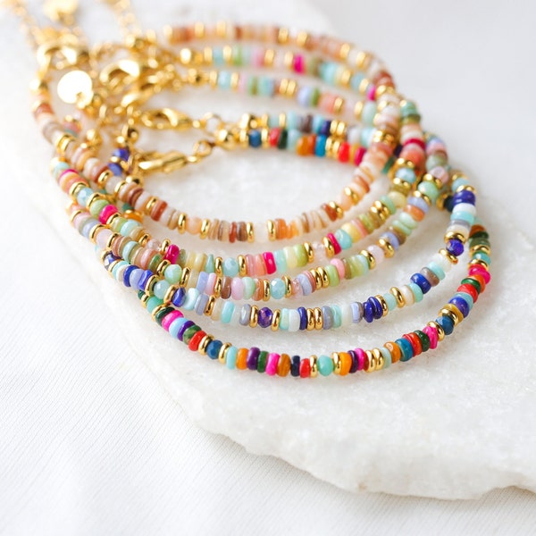 Dainty Heishi Shell Bracelets, Gold Accent Colorful Natural Stone Bracelets