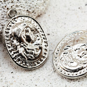 Rhodium Plated Old Coin Pendant, 34mm Metal Replica Greek Coin Pendant 1 pc / GPY-520b