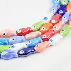19mm Evil Eye Fish Charms, Ceramic Colourful Fish Beads 5 pcs / CRB-50