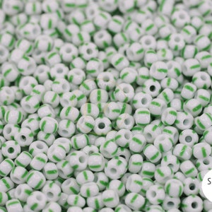 Green-White Striped Seed Beads, 8/0 (3mm) Czech Seed Beads 25 grams / GSB8-P14