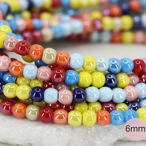 6mm Ceramic Colorful Round Ball Beads Strand, Shiny Rainbow Earthenware Beads / CRB6-1