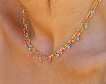 Dainty Gold Chain Seed Bead Necklace, Beaded Gold Chain Choker