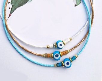Evil Eye Necklace, Seed Bead Choker / Please ask for wholesale prices / SBN-17
