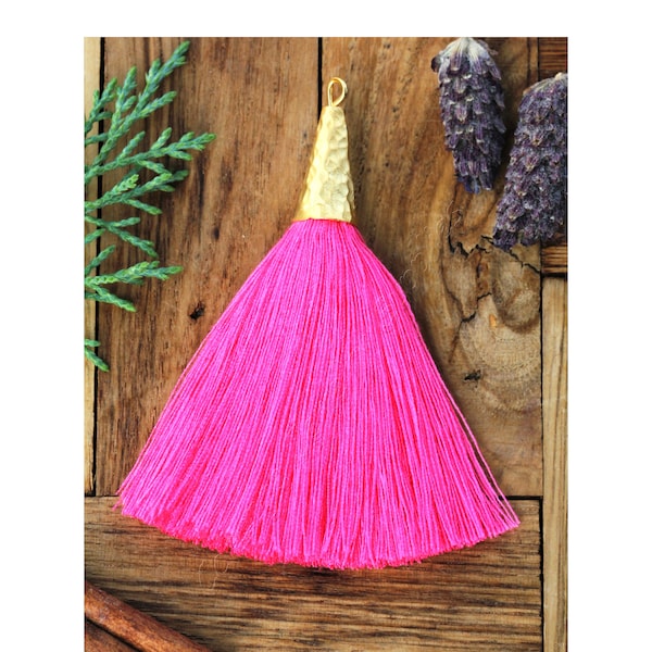 Large Dark Pink Cotton Tassel with Gold Cap, 6cm Long Mala Necklace Tassels, Crafting Jewelry Supplies / T60GHC-04