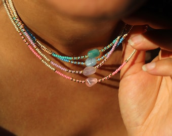 Minimalist Seed Bead Choker with Natural Stone Charms | SBN-27