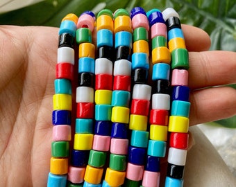 Mix of 10 Colours Glass Beads, 7mm Glass Tube Bead 1 Strand 50 pcs / GMB-00