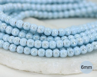 6mm Ceramic Sky Blue Round Beads Strand, Shiny Dyed Earthenware Beads / CRB6-3
