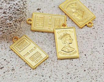 Credit Suisse Charm Brass 14kt Plated Shiny Gold  or Matte  Fast Ship Queen Elizabeth Pendant Ingot Bar Swiss Ingot