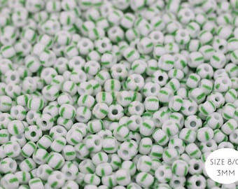 Perline di semi a strisce verdi-bianche, perline di semi ceche 8/0 (3 mm) 25 grammi / GSB8-P14