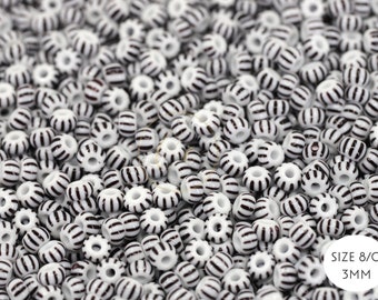 Black-White Striped Seed Beads, 8/0 (3mm) Czech Seed Beads 25 grams / GSB8-P12