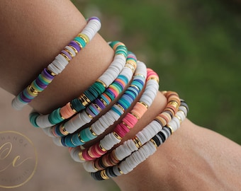 Elastic Heishi Bracelet, Gold Disc Bracelets, Colorful Bohemian Bracelets / Please ask for wholesale prices / HBB615