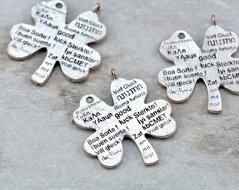 Antique Silver Plated Good Luck Pendant, 25mm Brass Clover Shape Good Luck in 21 Language Charm 4 pcs