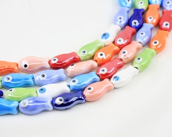 19mm Evil Eye Fish Charms, Ceramic Colourful Fish Beads 5 pcs / CRB-50