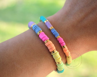 Adjustable Rainbow Heishi Bracelets, Colorful Vinyl Disc Beads Stacking Jewelry / Please ask for wholesale prices / HBB616