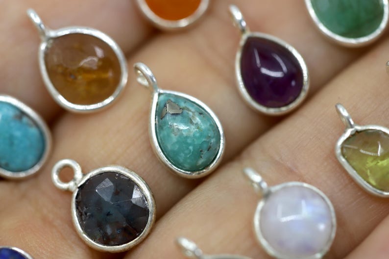 Mini Stones 925 Sterling Silver Mini Drop Gemstone Charm, Tiny Bezel Pendant - Etsy