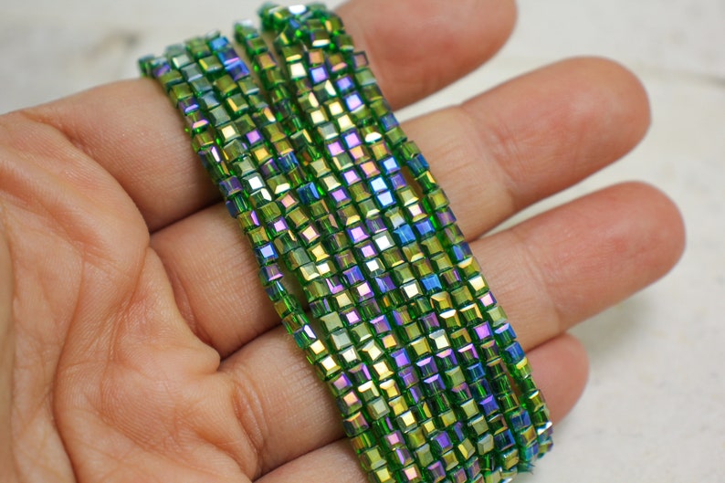 2mm Cube Crystal Bead Bulk Crystal Bead CBC-18 1 Strand Transparent Green Crystal Bead