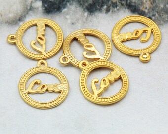 Gold Plated Love Pendant, 14mm Metal Tiny Love in Circle Pendant 10 pcs / GPY-279