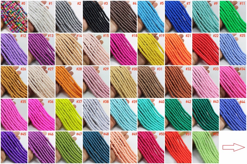 May include: A collection of 52 strands of colorful polymer clay beads. Each strand is numbered and features a different color. The beads are small and cylindrical, with a slightly rounded shape.