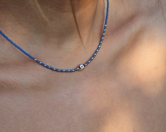 Evil Eye Necklace, Gold Plated Dainty Seed Bead Necklace / Please ask for wholesale prices / SBN-09