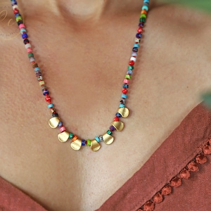 Hand Knotted Natural Stone Bohemian Necklace, Gold Charm Heishi Beaded Necklace / Please ask for wholesale prices / NSN-03