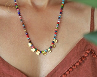 Hand Knotted Natural Stone Bohemian Necklace, Gold Charm Heishi Beaded Necklace / Please ask for wholesale prices / NSN-03