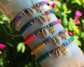 Gold Shell Charm Heishi Bracelets, 6mm Elastic Heishi Beads Bracelets, African Vinyl Disc Beads Bracelet, Stretch Surfer Bracelet / HBB603