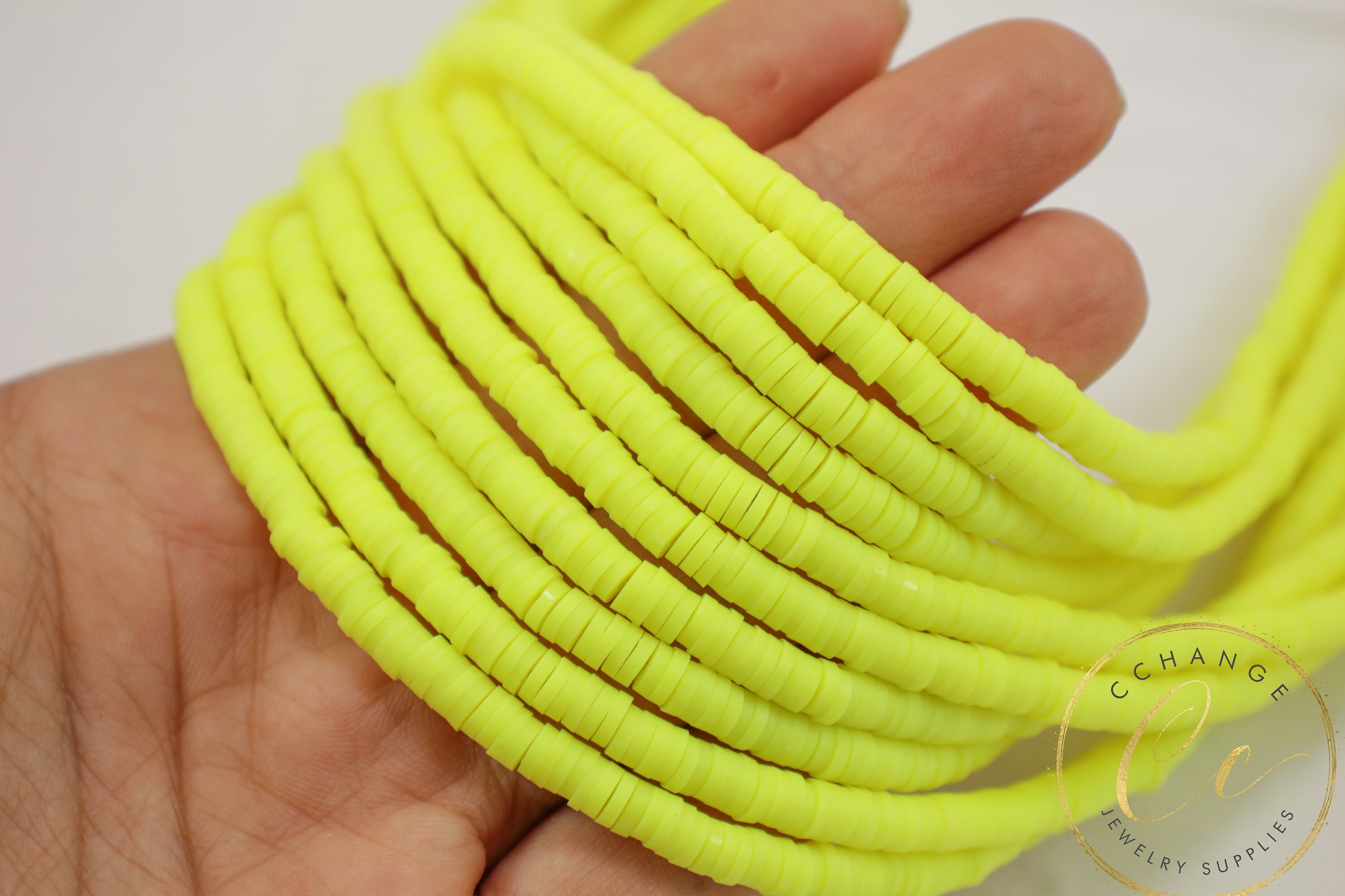 4mm Neon Yellow Heishi Disc Beads, Surfer Necklace Heishi