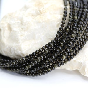 4mm Round Obsidian Beads, 1 Full Strand 15.5&quot; Genuine Natural Loose Round Semi Precious Stones / NSR4-07